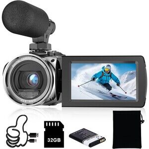 Video Camera FHD 4K 48MP Recorder 32G SD Card Vlogging Camcorder Ext Microphone